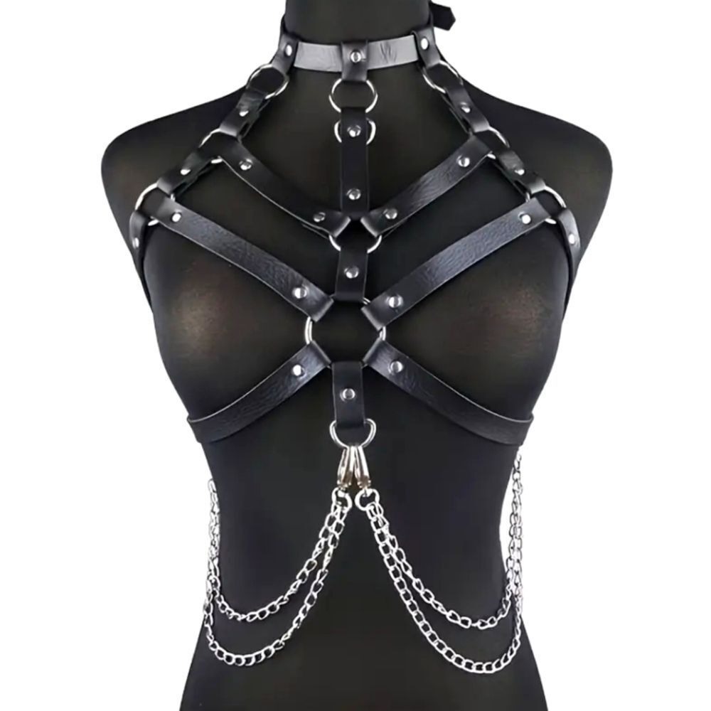 Black Leather Choker Chain Harness Halter Bra #7